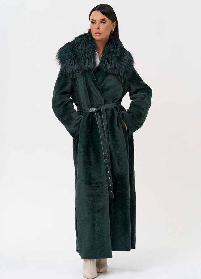 Женская двусторонняя дубленка из меха овчины Cortos с поясом из кожи питона модель № 31400 универмаг малина