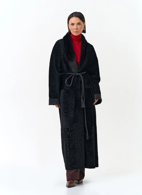Женская двухсторонняя дубленка с воротником из меха норки фото