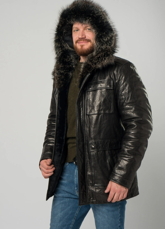 Мужской пуховик из натуральной кожи с капюшоном и отделкой из енота модель № 21923 универмаг малина