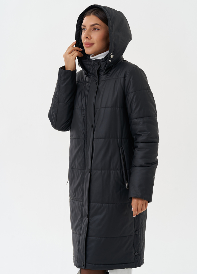 Пуховик из эко кожи с капюшоном модель № 27729 универмаг малина