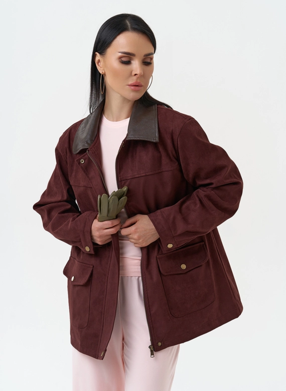 Женская парка из эко замши бордового цвета