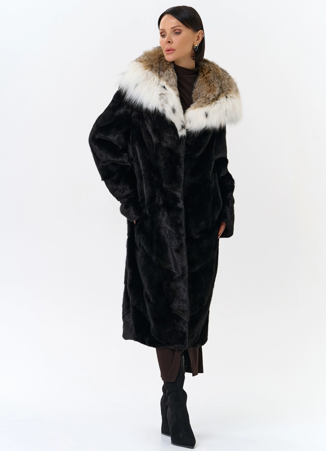 фото Норковая шуба черного цвета с рысью модель № 25004