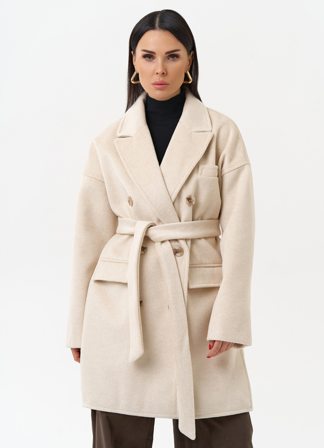 Женское укороченное пальто с поясом модель № 30195 меха малина