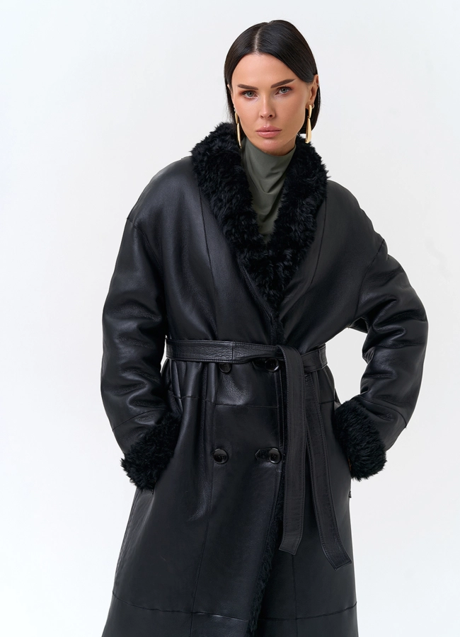 Двусторонняя женская дубленка из овчины в черном цвете модель № 31988 универмаг малина