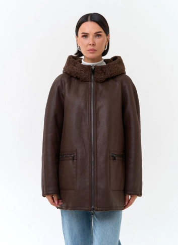 Женская дубленка из экомеха с карманами из экокожи