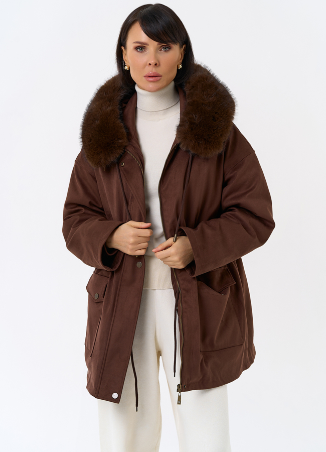 Женская парка из эко замши с капюшоном из эко меха модель № 31947 универмаг малина