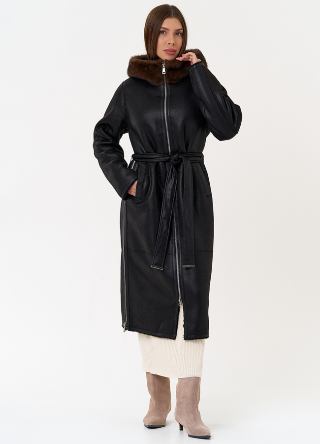 Женская дубленка из эко замши с поясом модель № 31432 универмаг малина