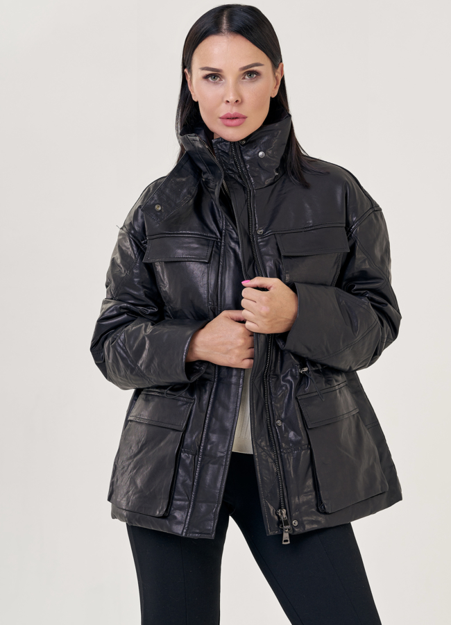 Женская кожаная куртка с капюшоном  модель № 23259 в рассрочку