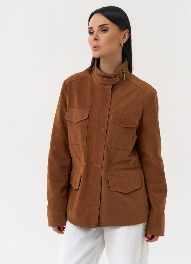 фото Женская парка из эко замши коричневого цвета  модель № 30421