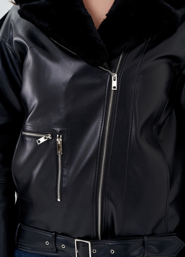 Куртка-косуха из эко кожи на утеплителе с натуральным мутоном модель № 24213 универмаг малина