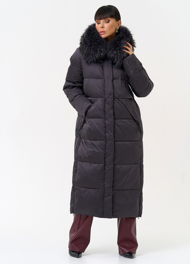 Женский пуховик с капюшоном из меха чернобурки модель № 31674 меха малина