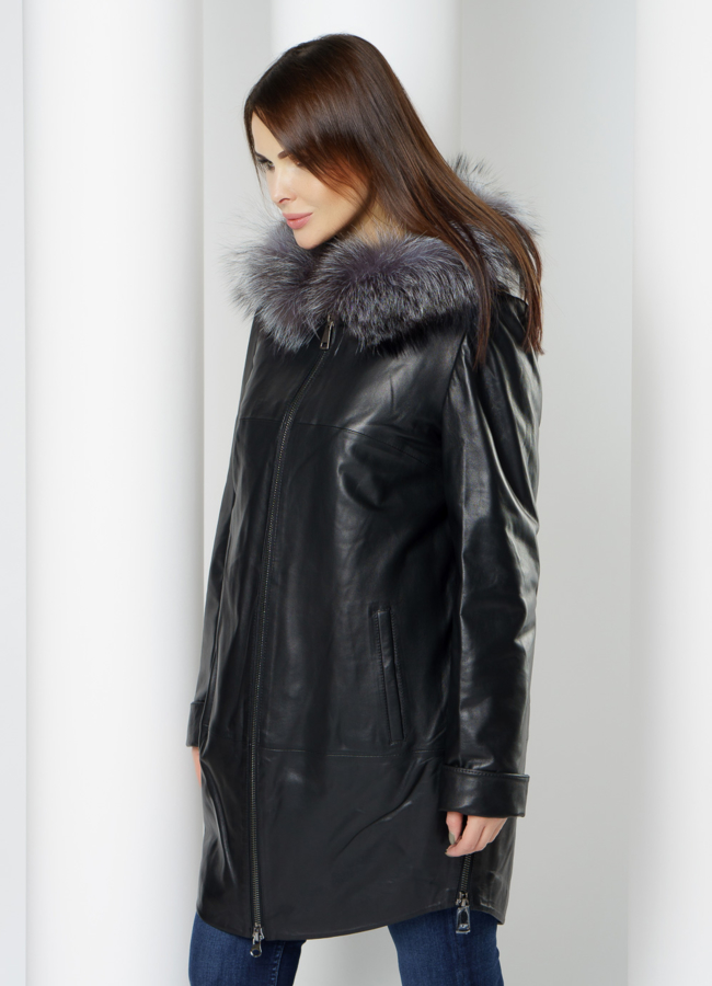 Утепленное полупальто из натуральной кожи с капюшоном  модель № 20201 универмаг малина