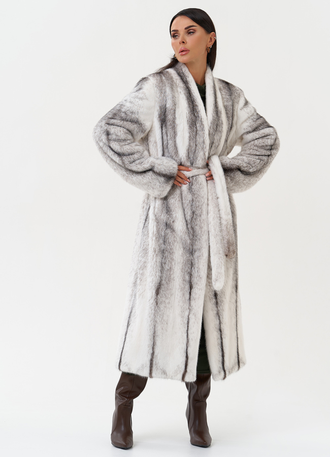 Длинная шуба из норки крестовки модель № 31320 универмаг малина