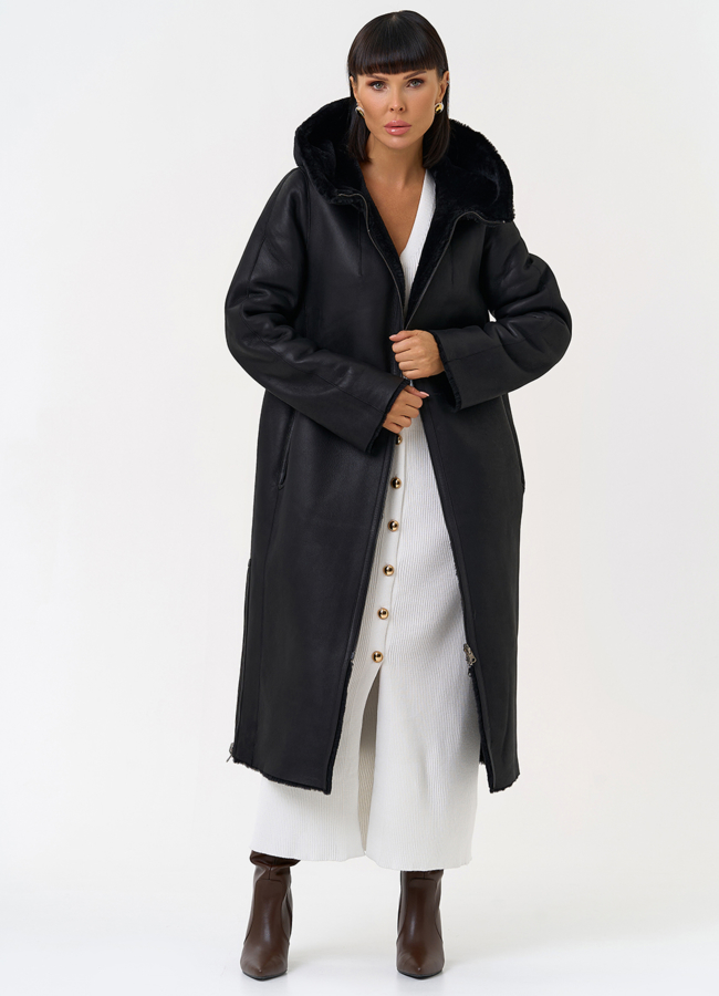 Натуральная двухсторонняя дубленка с капюшоном модель № 28957 универмаг малина