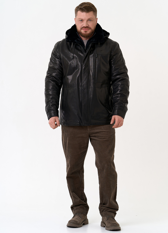 Мужская дубленка черного цвета с капюшоном модель № 31776 в рассрочку