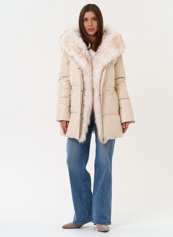 Женский пуховик из эко кожи с отделкой из эко меха