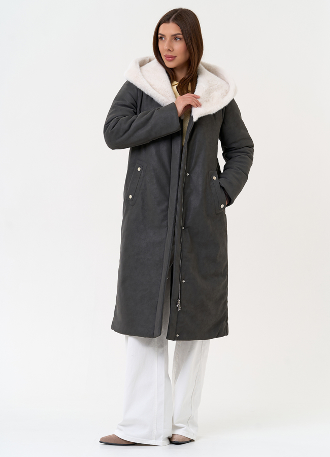 Пуховик из эко кожи с капюшоном из эко меха модель № 27733 меха малина