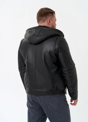 Мужской пуховик из натуральной кожи с капюшоном