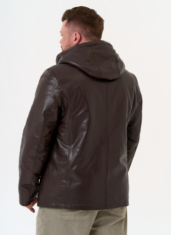 Мужская дубленка коричневого цвета с капюшоном