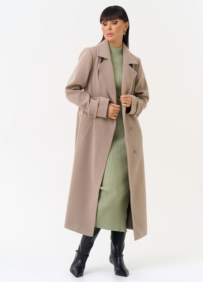 Женское пальто бежевого цвета с поясом модель № 31558 универмаг малина