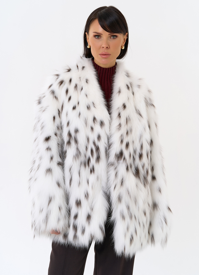 Шуба из лисы с инкрустацией под рысь модель № 31855 меха малина